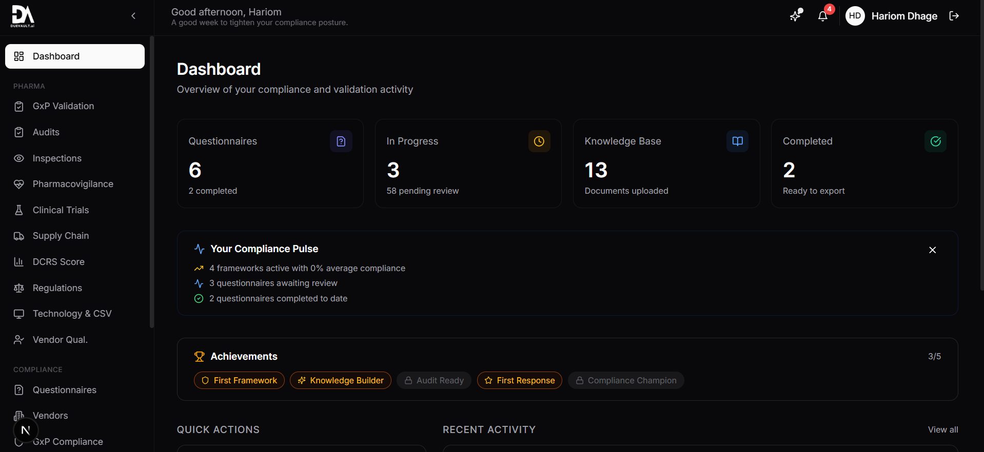 Dashboard compliance pulse, validation stats