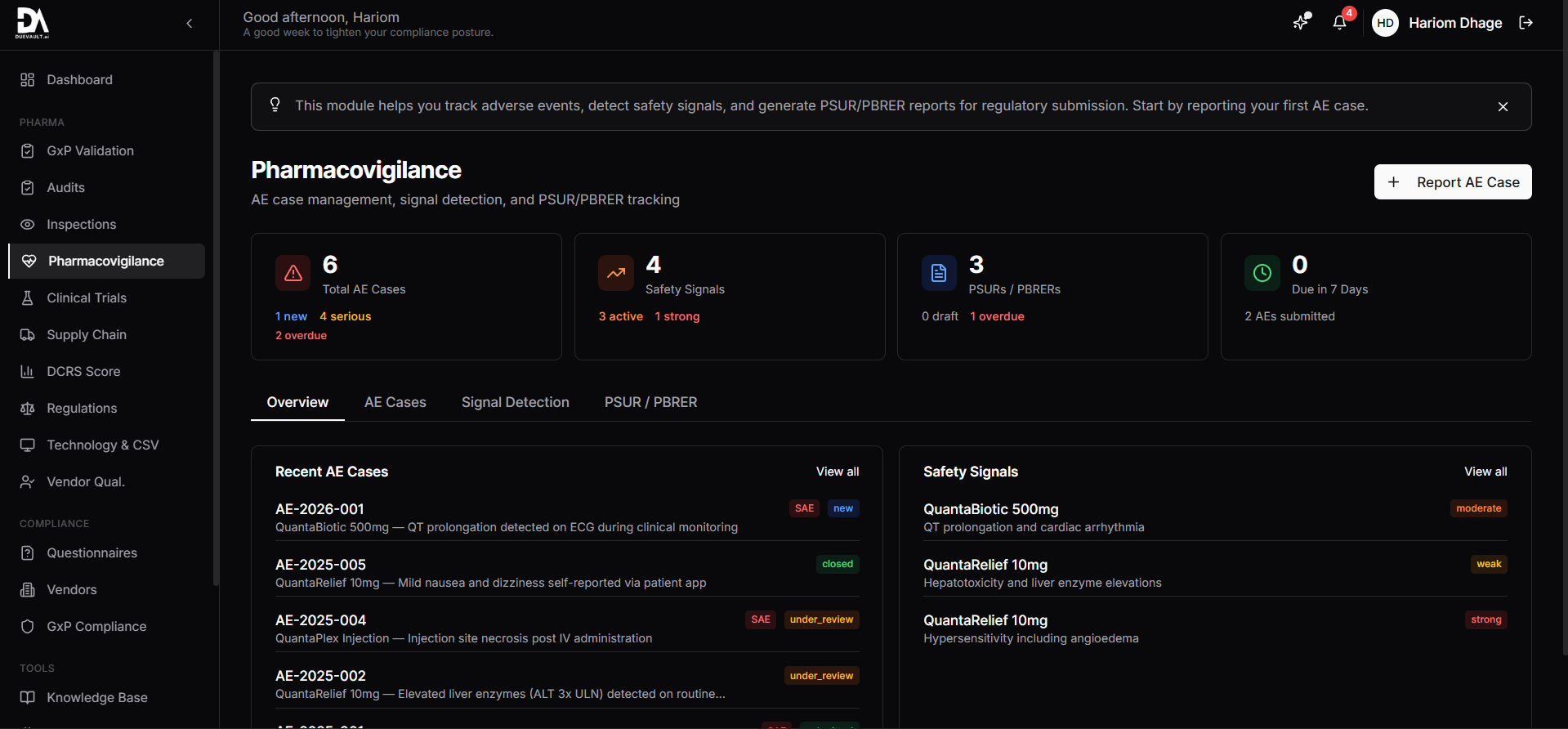 PV overview AE cases, safety signals, PSURs
